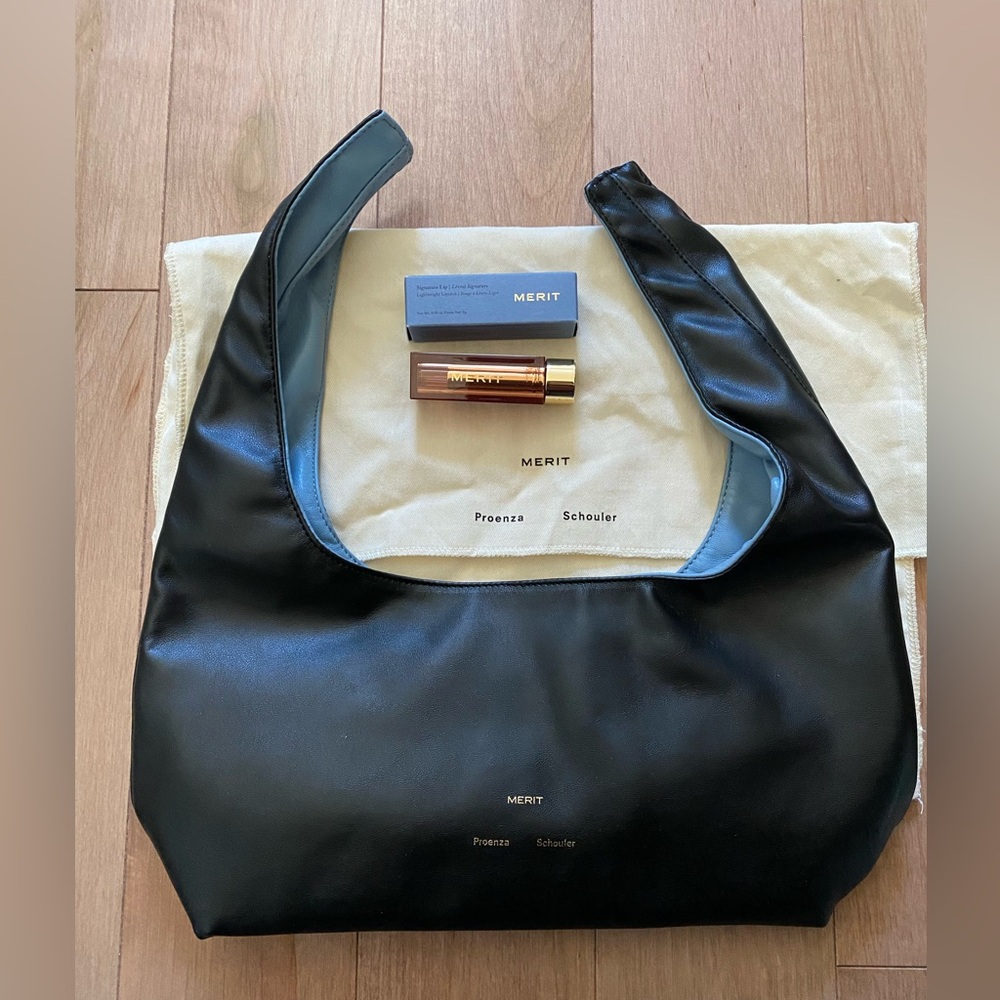 MERIT x Proenza Schouler Rare Black Leather makeup pouch clutch bag + Lipstick